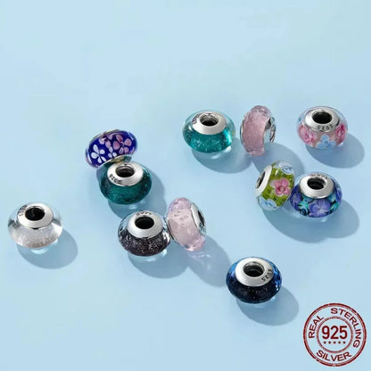 Perles en verre de Murano fleur rose en argent sterling 925 - Breloques de bracelet à faire soi-même pour une touche festive (Scz001)