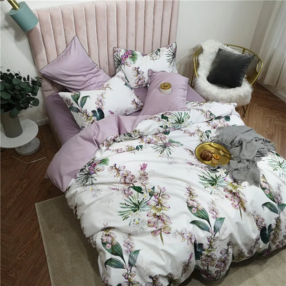 Parure de lit Eden 600 fils en coton à motifs floraux – Blanc/Lilas