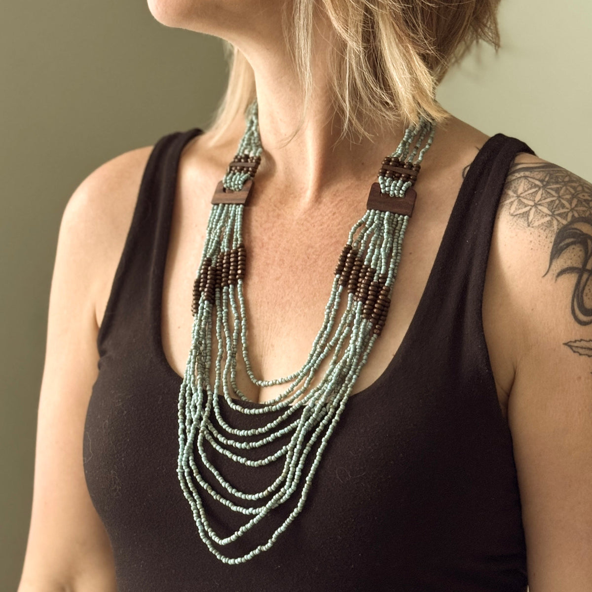 Beaded Necklace with Wood Detail