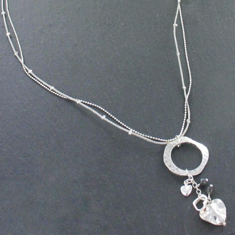 Collier Bague Martelé avec Breloques Cœur en Plaqué Argent