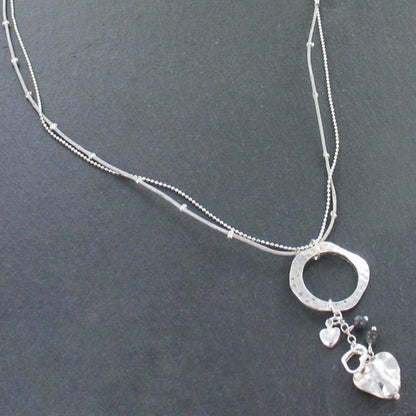 Collier Bague Martelé avec Breloques Cœur en Plaqué Argent