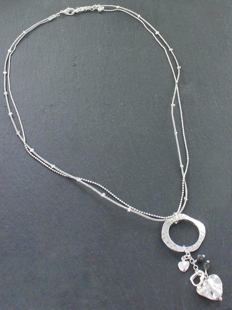 Collier Bague Martelé avec Breloques Cœur en Plaqué Argent
