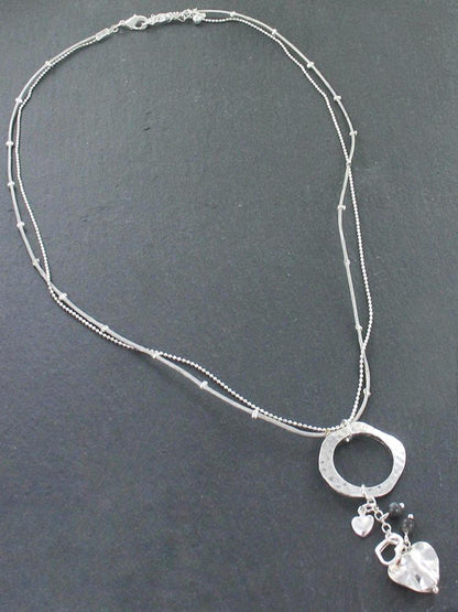 Collier Bague Martelé avec Breloques Cœur en Plaqué Argent