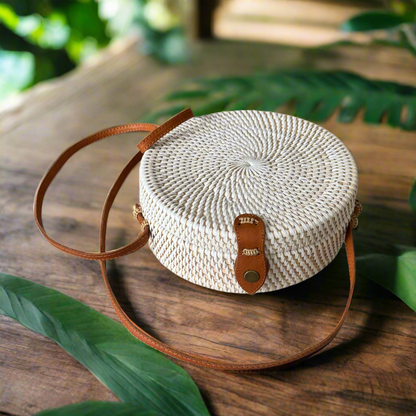 Round Rattan Purse - White