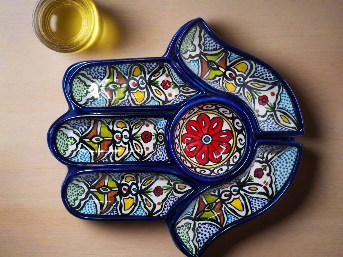 Ensemble de 7 pièces de service apéritif et trempette en céramique artisanale, forme Palme