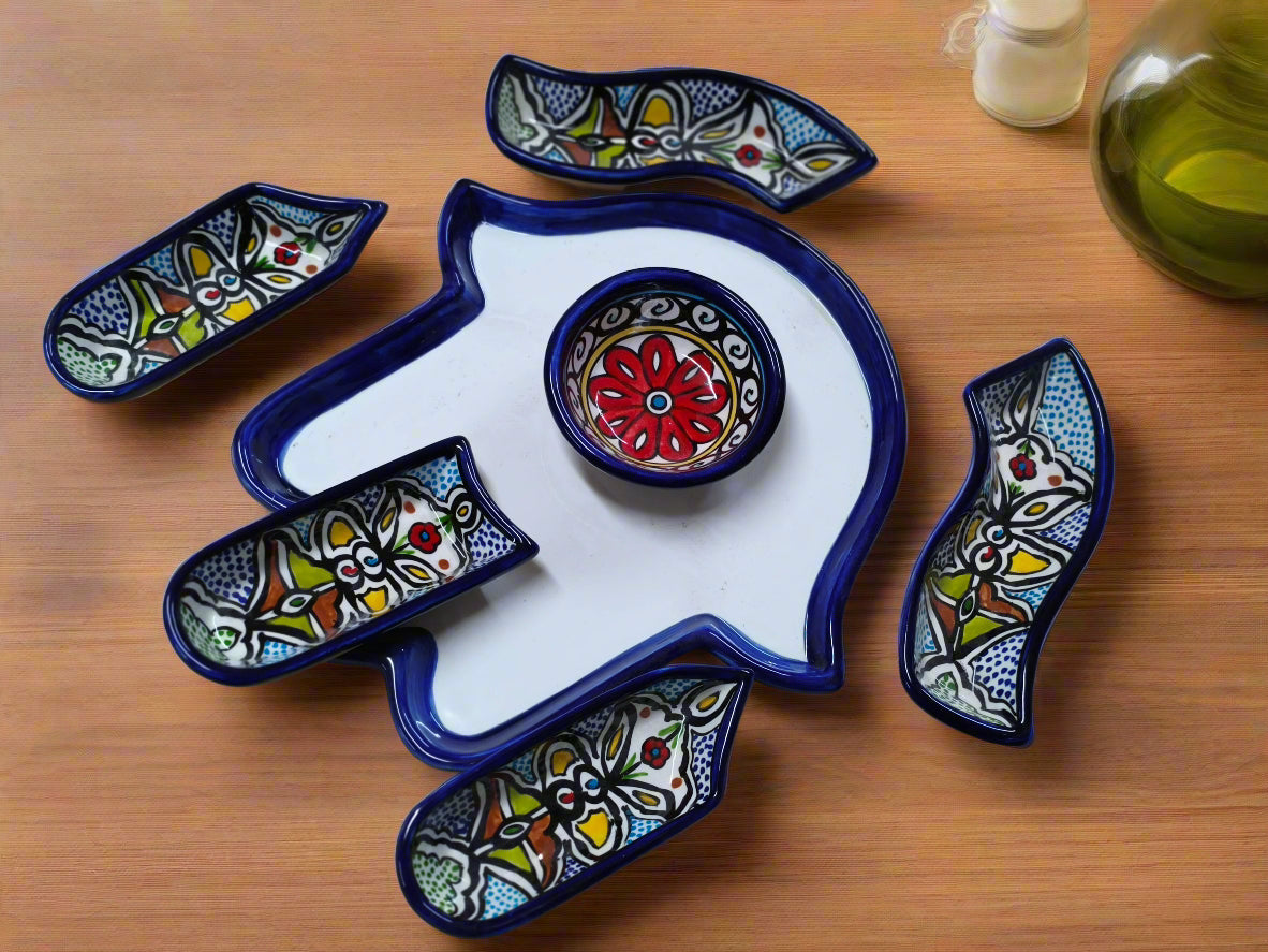 Ensemble de 7 pièces de service apéritif et trempette en céramique artisanale, forme Palme