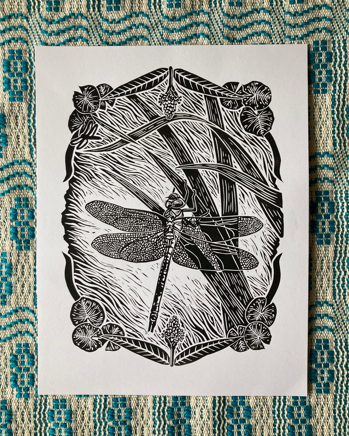 'Green Darner Dragonfly' lino print