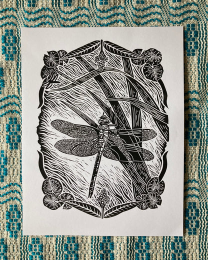 'Green Darner Dragonfly' lino print