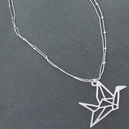 Double Strand Necklace With Origami Bird Pendant In Silver Plate