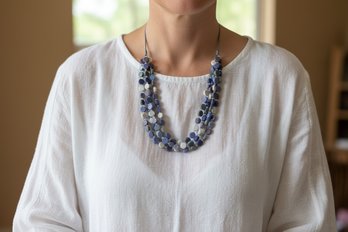 Collier disque en résine et perles de verre