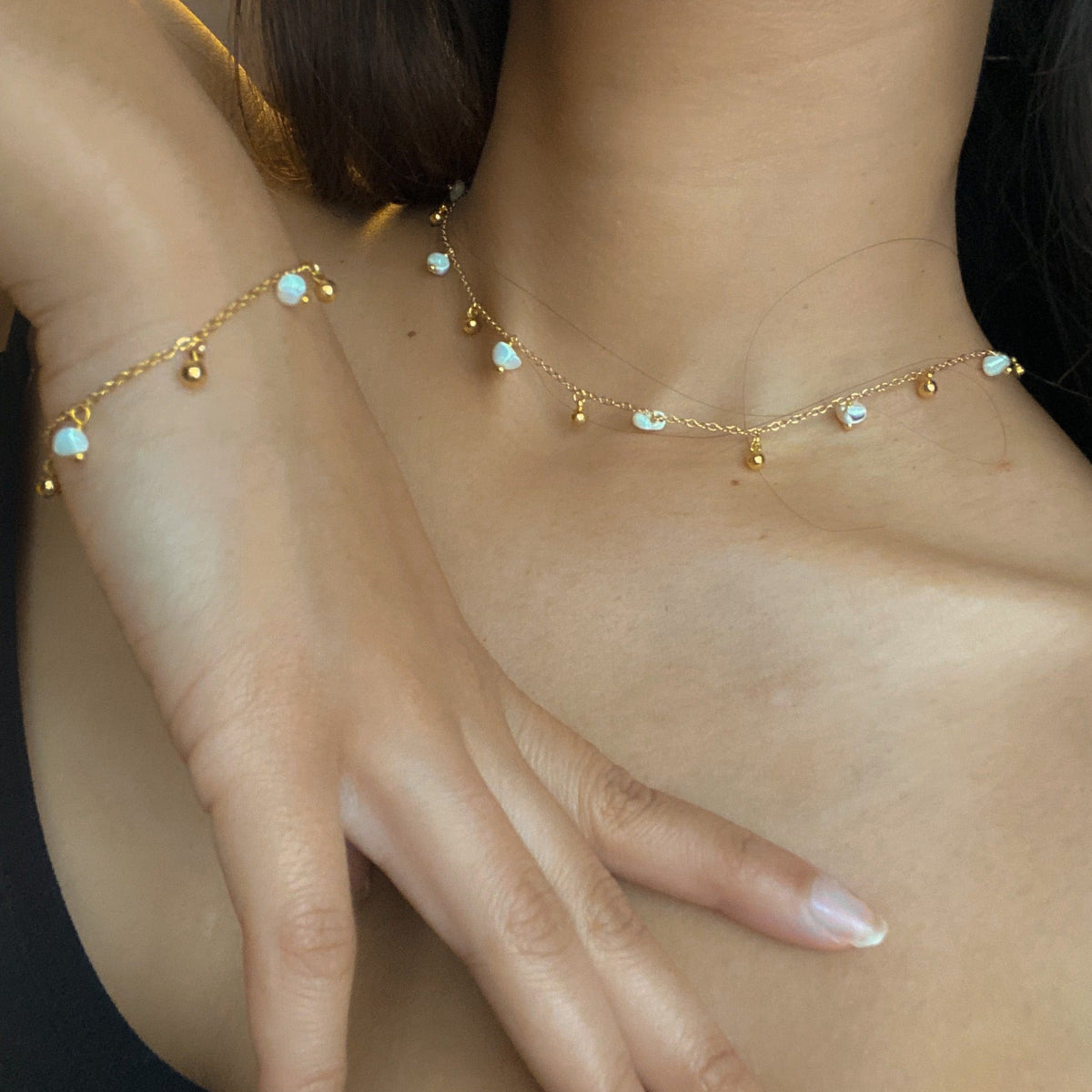 Mother Of Pearl & Droplet Necklace In Gold Plate