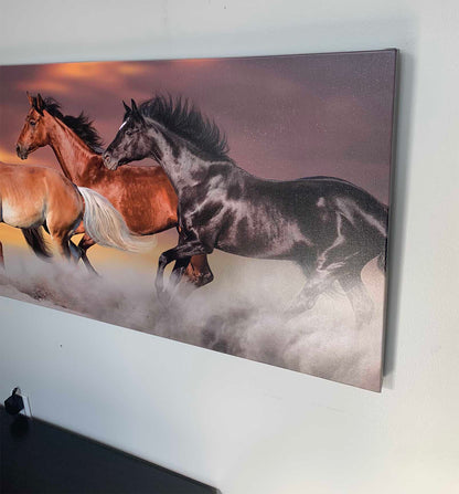 Équipe de cinq chevaux - Toile d'art animalière - Vernis doré