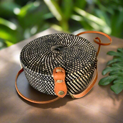 Round Rattan Purse - Black & Natural
