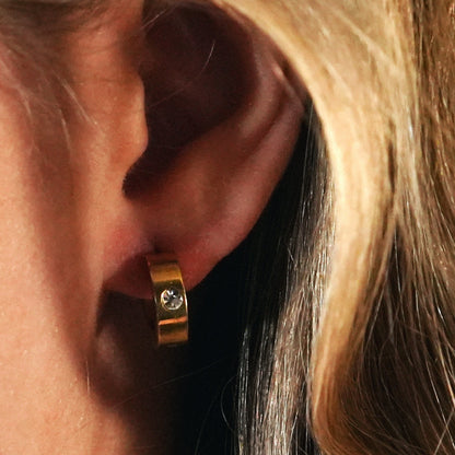INIS: Wide Mini Hoop Gold Earrings with a Solitaire Zirconia Gemstone
