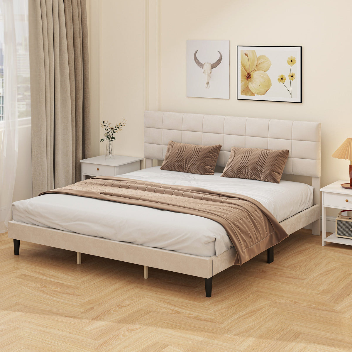 Cadre de lit Harper King Size avec tête de lit rembourrée - Blanc Crème