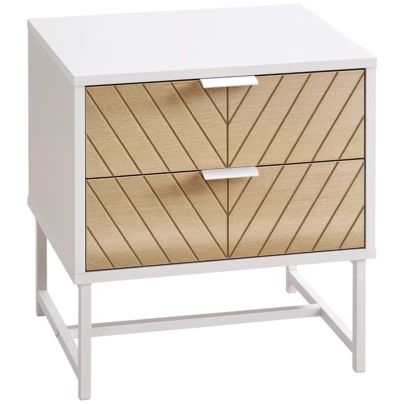 Table de chevet moderne Emery avec 2 tiroirs et pieds en acier-Blanc/Chêne