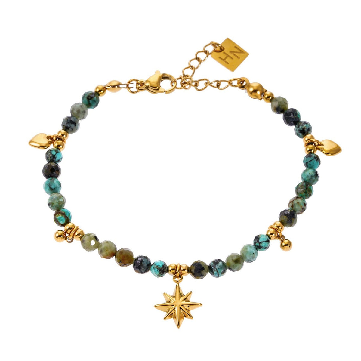 Style KAVYA : Bracelet chaîne en pierres turquoise bleues avec perles et breloques dorées