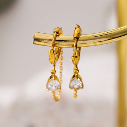 KAZUKA: Hoop Earrings with Pear-Shaped Zirconia Charm and Dainty Chain