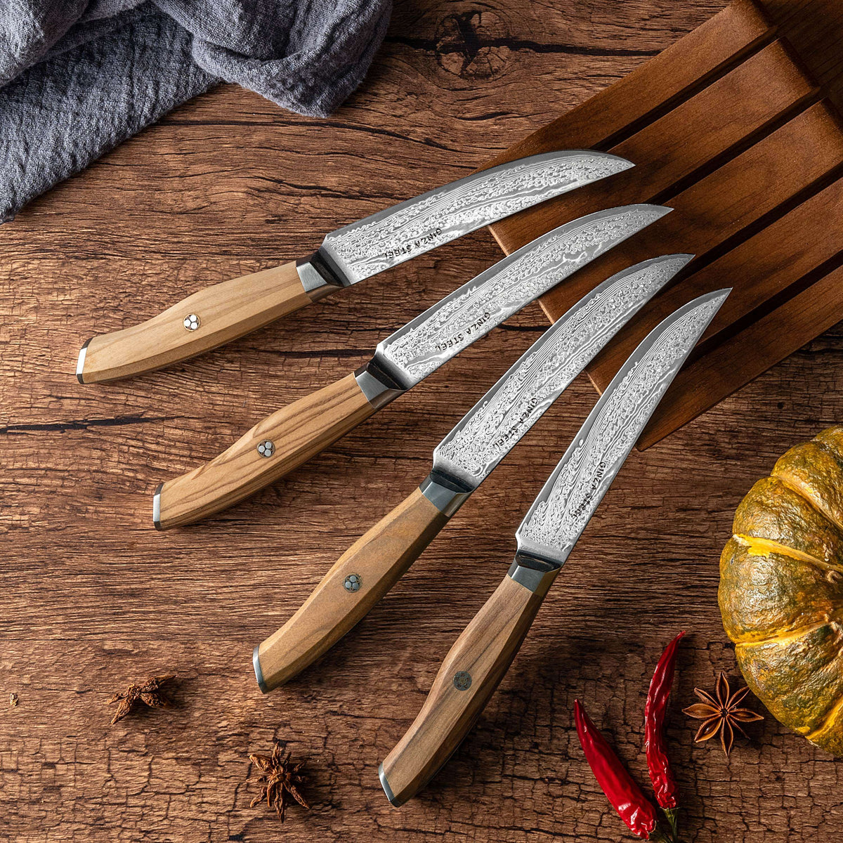 Ginza Steel AMELIA Five – 4-Piece VG10 Damascus Steel Steak Knife Set with Wood Block