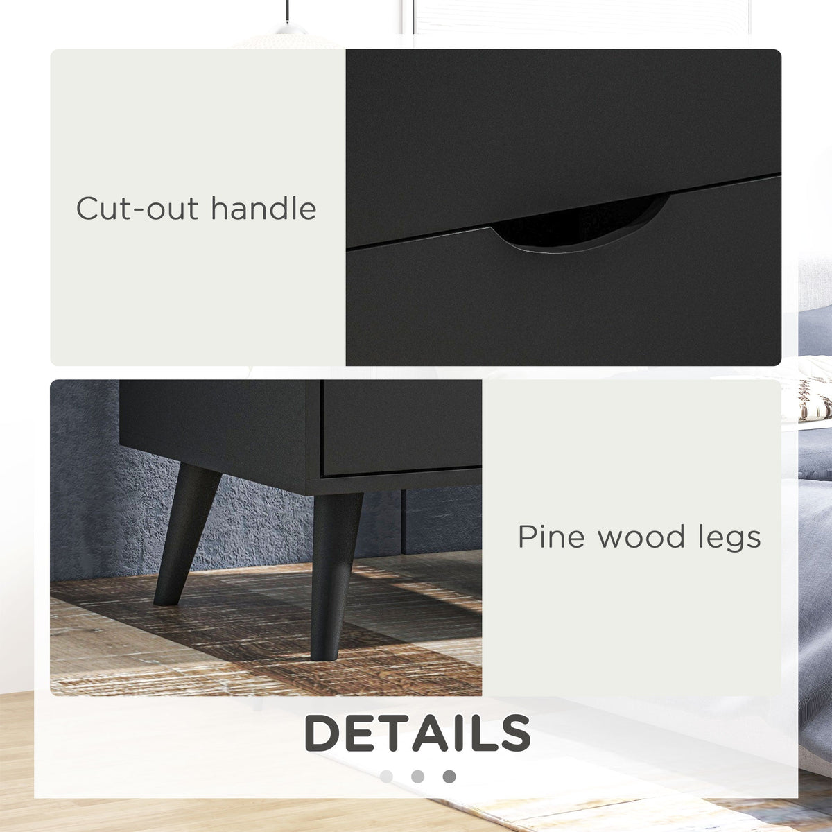 Chevet Jesse 2 tiroirs et pieds en pin-Noir