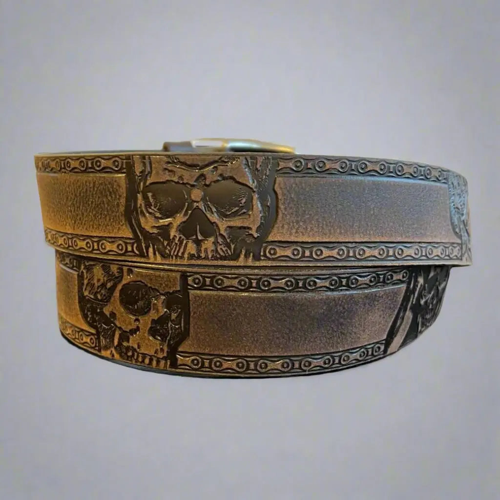 Ceinture Keldon en cuir pleine fleur pour homme, motif tête de mort, boucle amovible