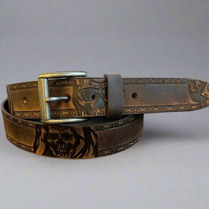 Ceinture Keldon en cuir pleine fleur pour homme, motif tête de mort, boucle amovible