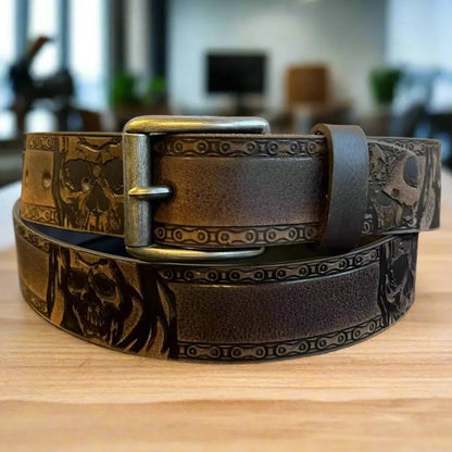 Ceinture Keldon en cuir pleine fleur pour homme, motif tête de mort, boucle amovible