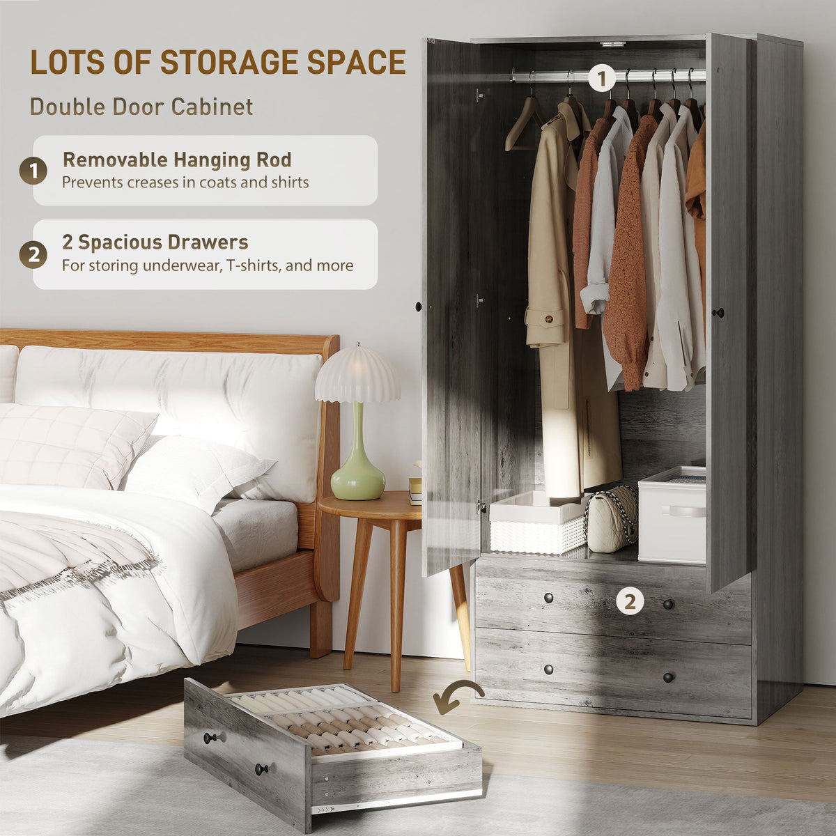 Briar Wardrobe Closet-Armoire with 2 Drawers and Hanging Rod-Grey
