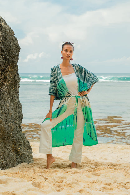 Tie Dye Stripe Long Kimono - Turquoise & Grey