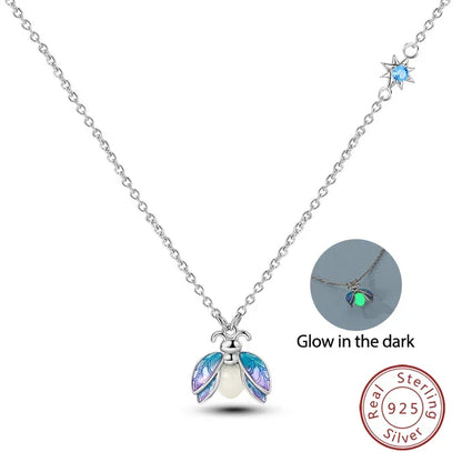 Glow-in-the-Dark Firefly Sterling Silver Necklace | 925 Enamel Pearl Pendant