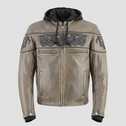 Milwaukee Leather Men's Crossover Scooter Jacket w/ Reflective Skulls & Full Sleeve Removable Hoodie