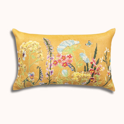 Oreiller Lombaire Brodé Fleurs Sauvages 30x50cm – Devant Coton, Dos Soie Papier