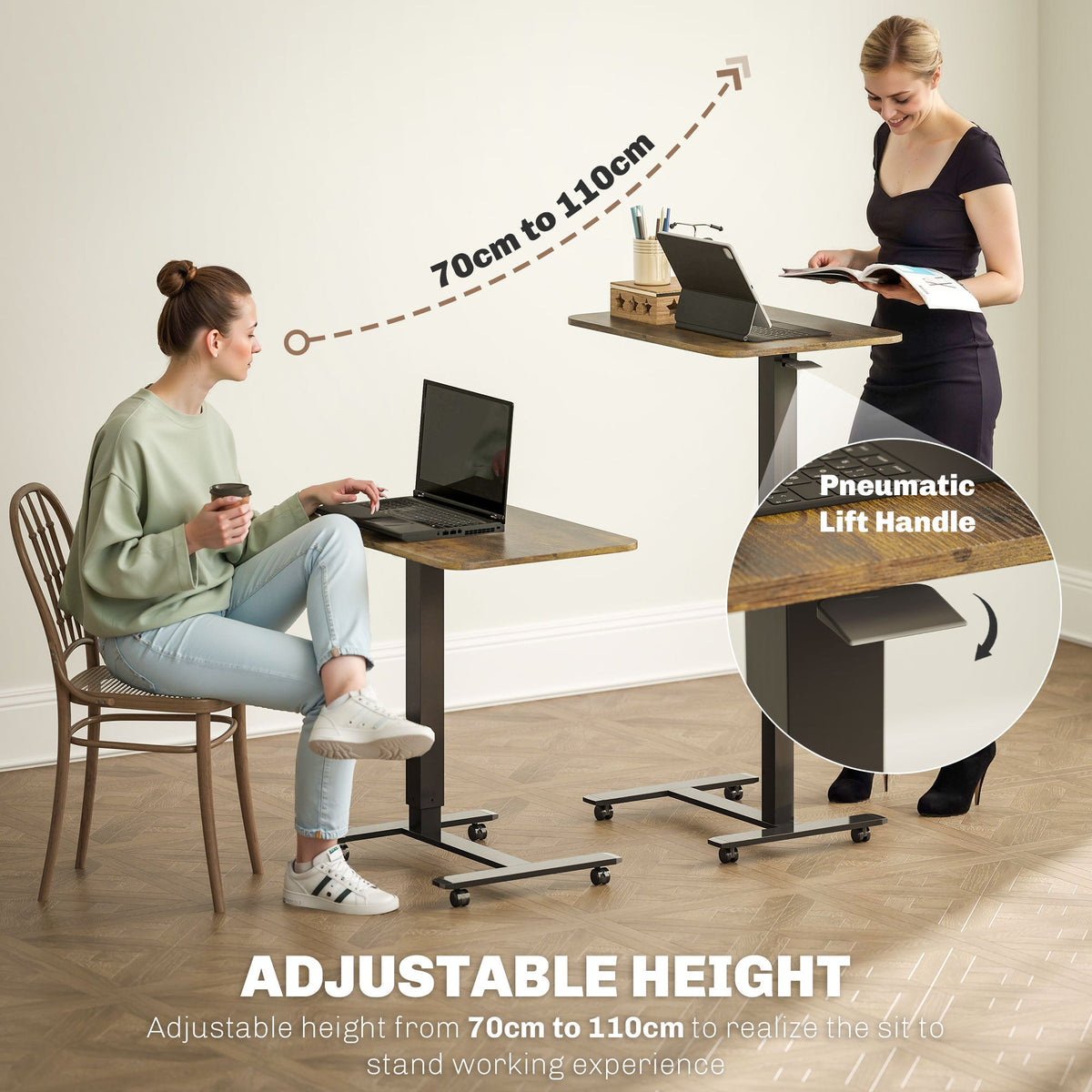 Bureau debout mobile pneumatique Emerson à hauteur réglable-Brun rustique