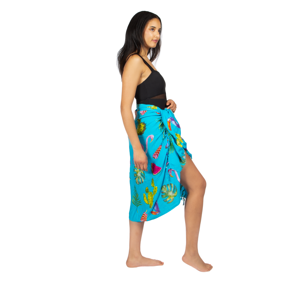 Sarong imprimé Flamant et fruits - Turquoise