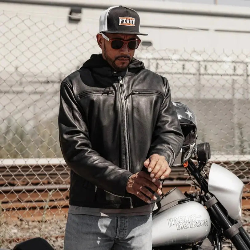 Blouson de moto en cuir à capuche Open Road pour homme