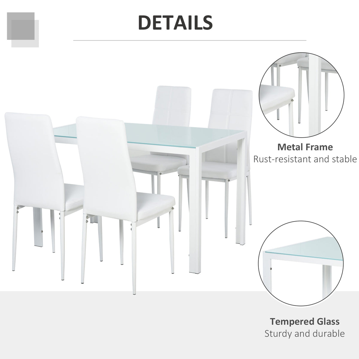 Ensemble de salle à manger Zaya 5 pièces en verre rectangulaire pour petits espaces - Blanc