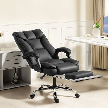 Fauteuil de bureau ergonomique Alexis avec cuir adapté aux animaux de compagnie, repose-pieds et dossier inclinable pivotant - Noir