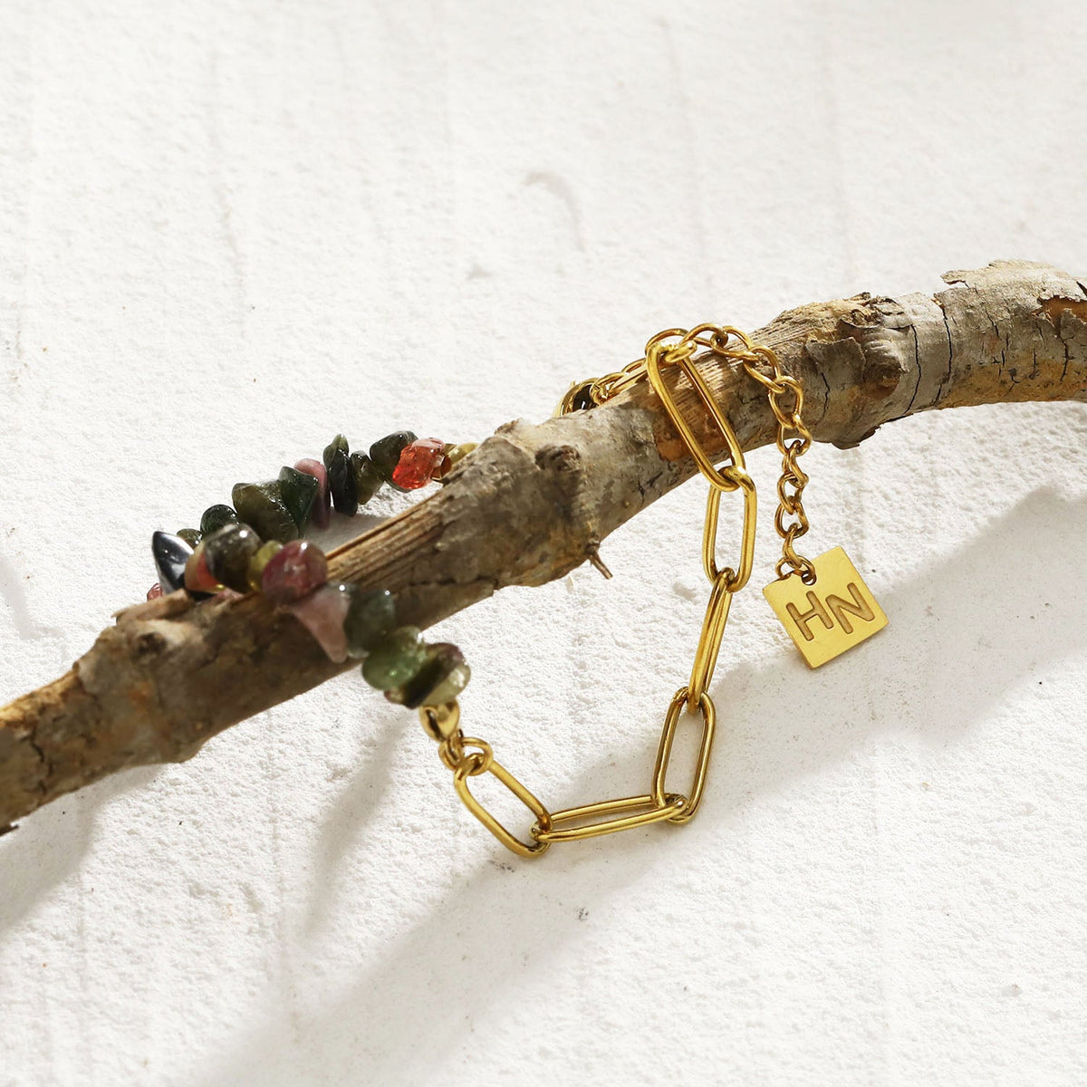 Bracelet combinaison Chaîne maillons trombones GIRADOT et Pierres gemmes TOURMALINE