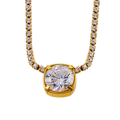 AURA: Bezel-Set Zirconia Pendant on a Mini-Zirconia Beaded Chain Necklace