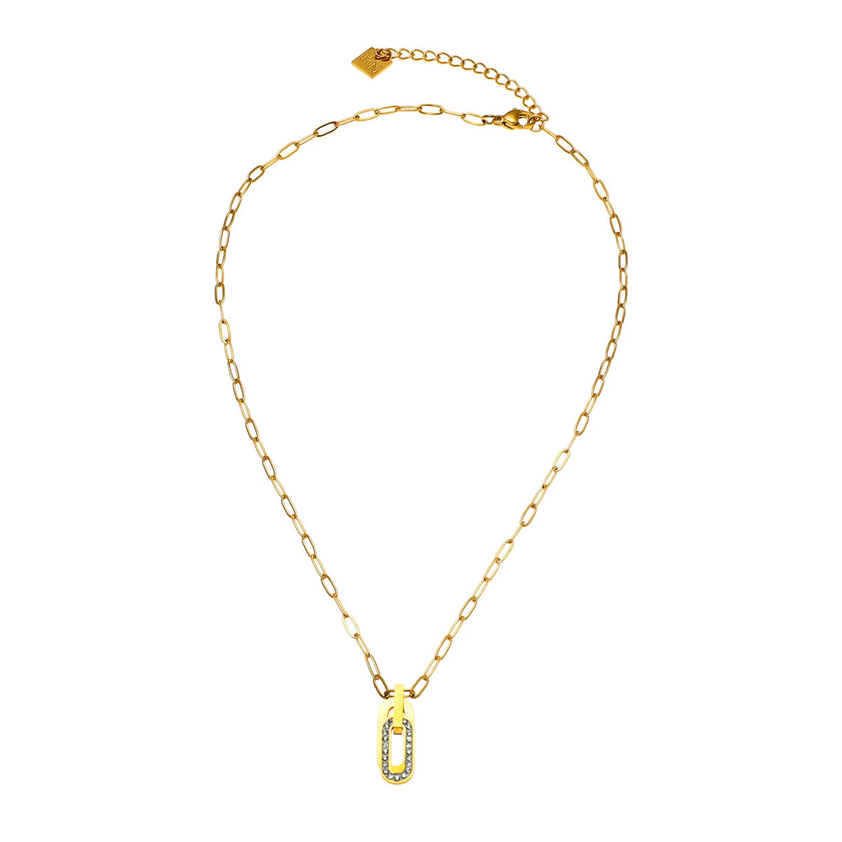 CHICALA: Zirconia-Embedded Oval Shaped Charms Pendant on Paper-Clip Chain Necklace