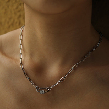 PEIGI Silver: Paper Clip Chain with Zirconia Accented Carabiner Charm