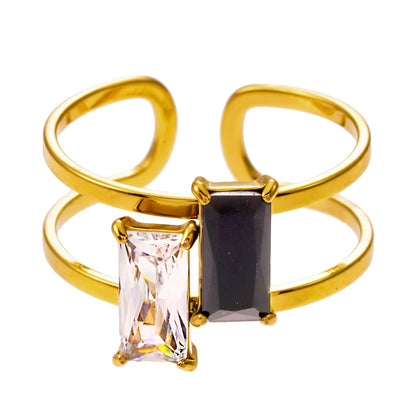 RIADEL : Bague ruban en zircone noire et transparente double éclat