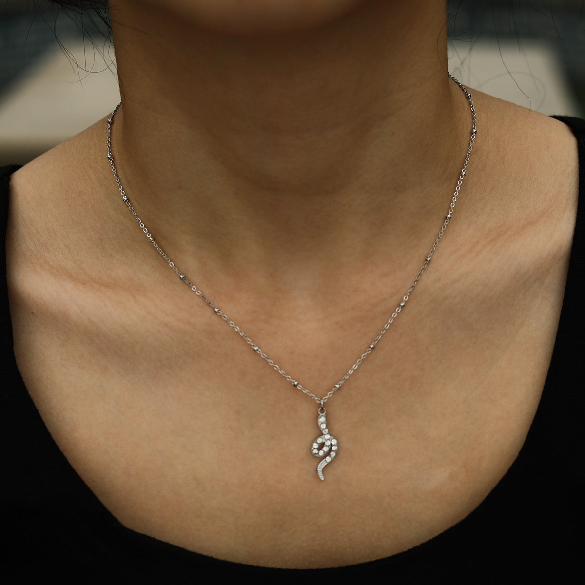 RIHANNA Beaded Chain Necklace with a Pavé Zirconia Serpent Pendant in Silver