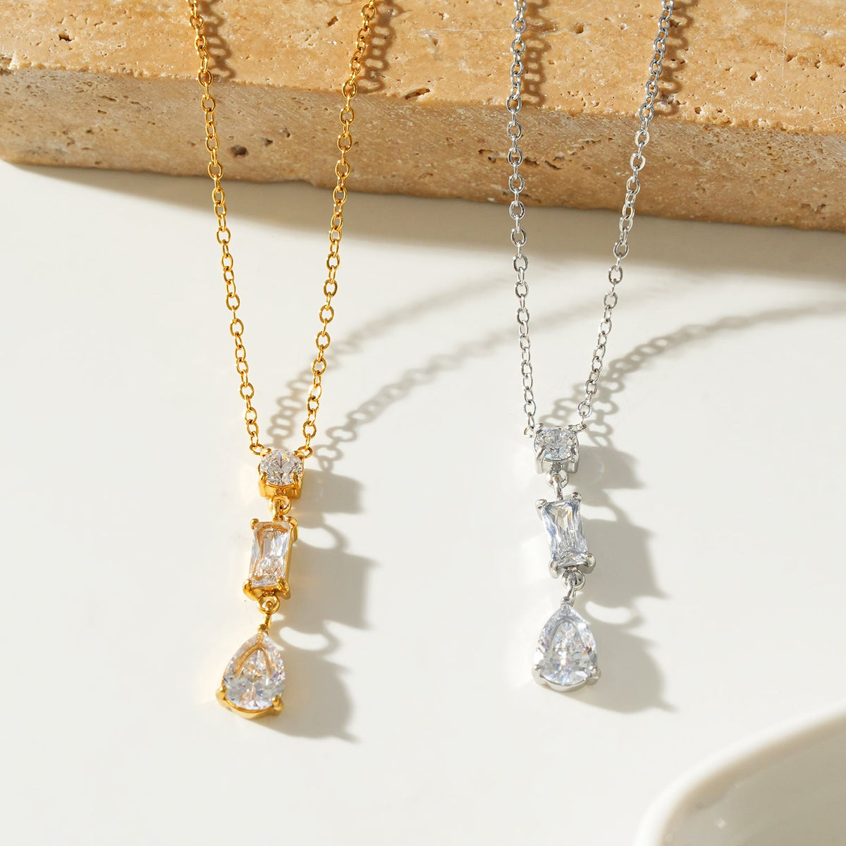 Style ROCHINA Gold:  A Trio of Zirconia Charms Pendant Chain Necklace