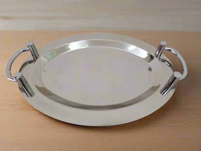 Plateau de service rond en acier inoxydable de 40,6 cm avec poignées argentées