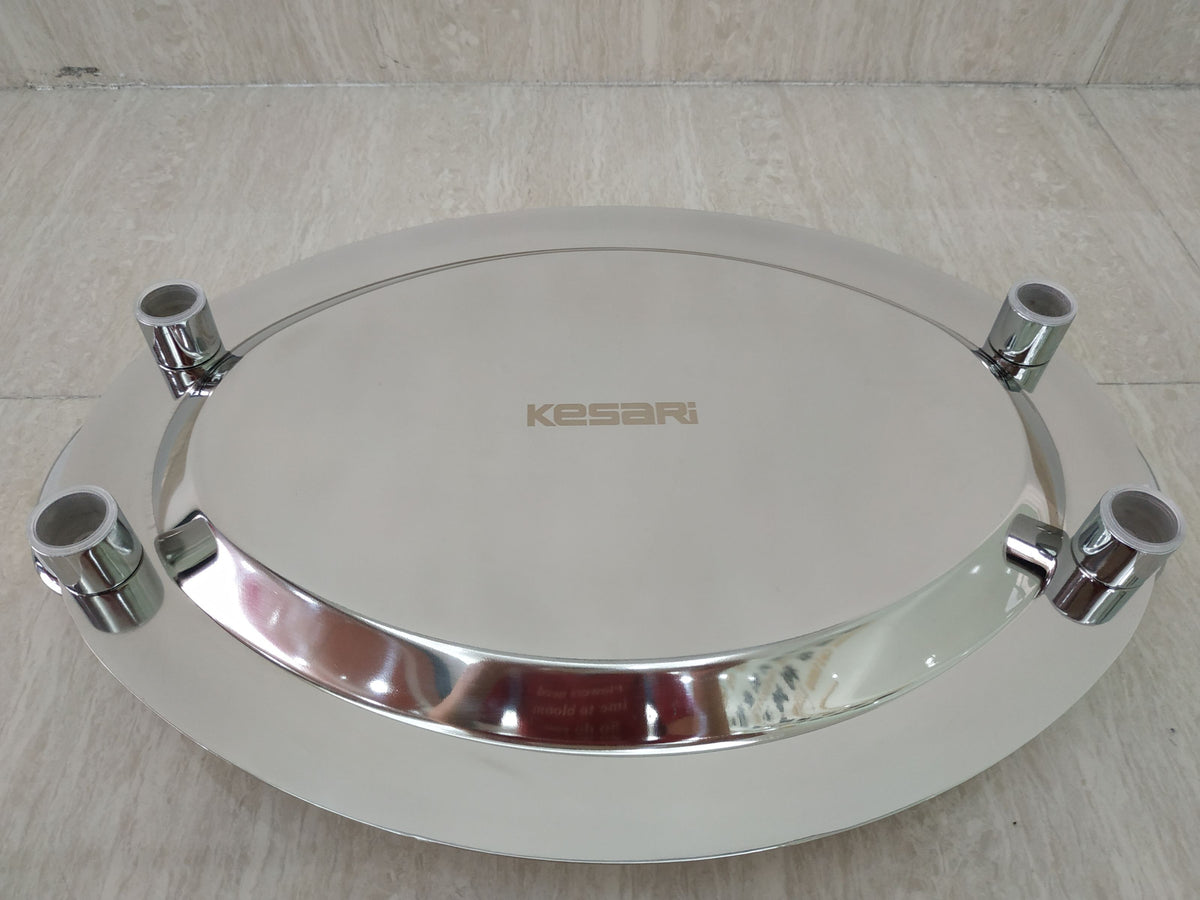 Plateau de service rond en acier inoxydable de 40,6 cm avec poignées argentées