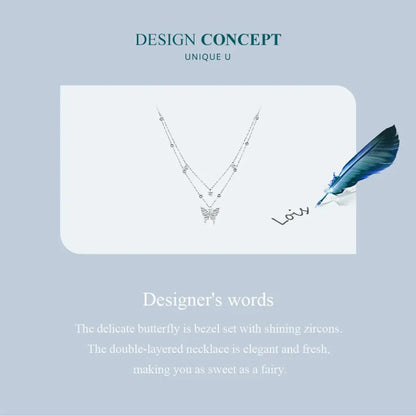 Collier pendentif papillon à double couche en argent sterling 925 pour femme - Bijoux fins élégants