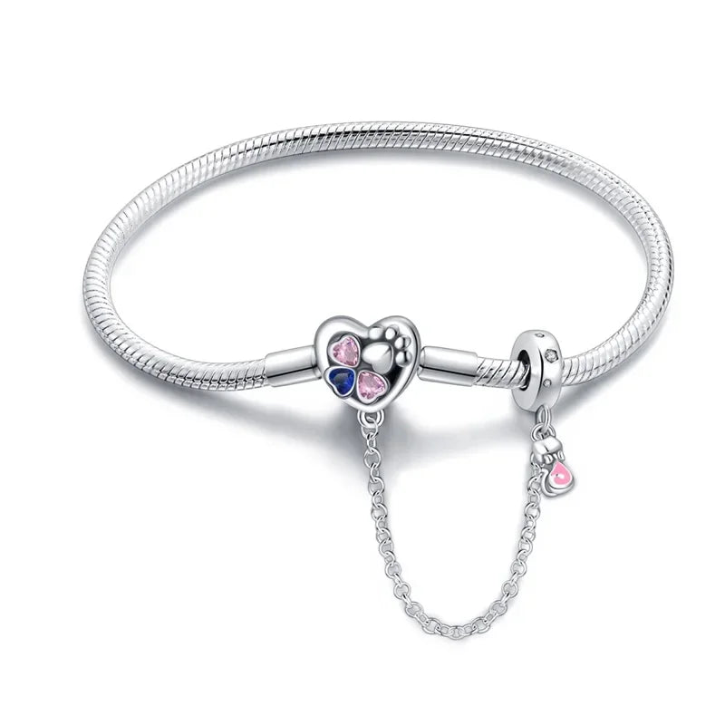 Sterling Silver Heart Paw Print Charm Bracelet with Safety Chain
