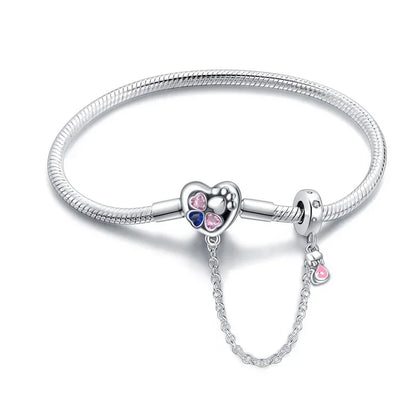 Sterling Silver Heart Paw Print Charm Bracelet with Safety Chain