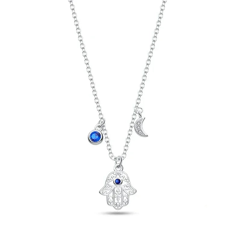 Sterling Silver Hand-Shaped Pendant with Moon & Evil Eye